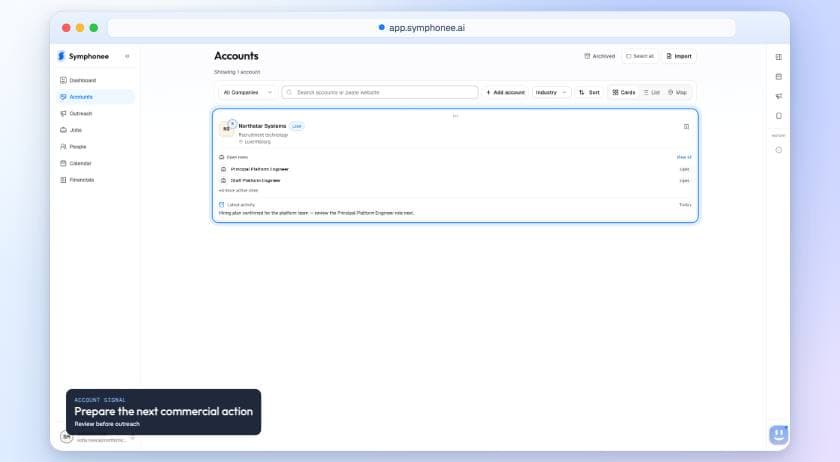 Symphonee Accounts workspace showing account signals, contacts, activity, and a selected account.
