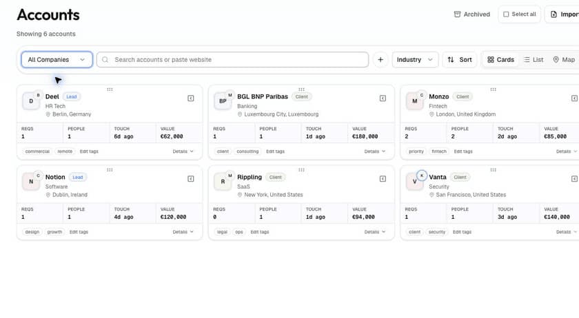 Symphonee business development workspace showing target accounts, contacts, and active opportunities.